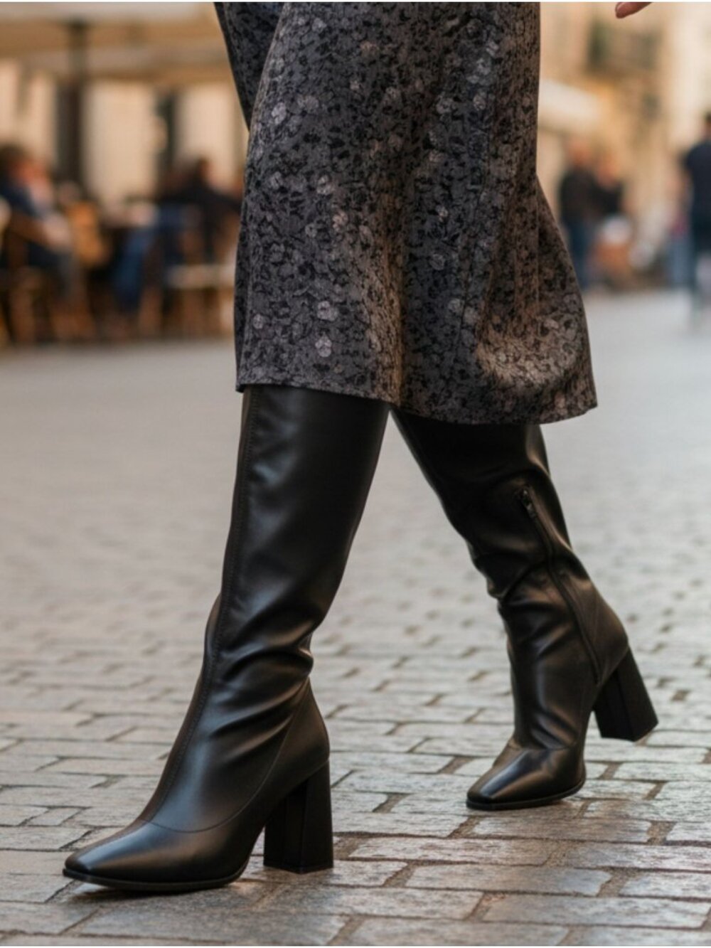 Black Knee-High Square Toe Boots With Side Zipper & Block Heel